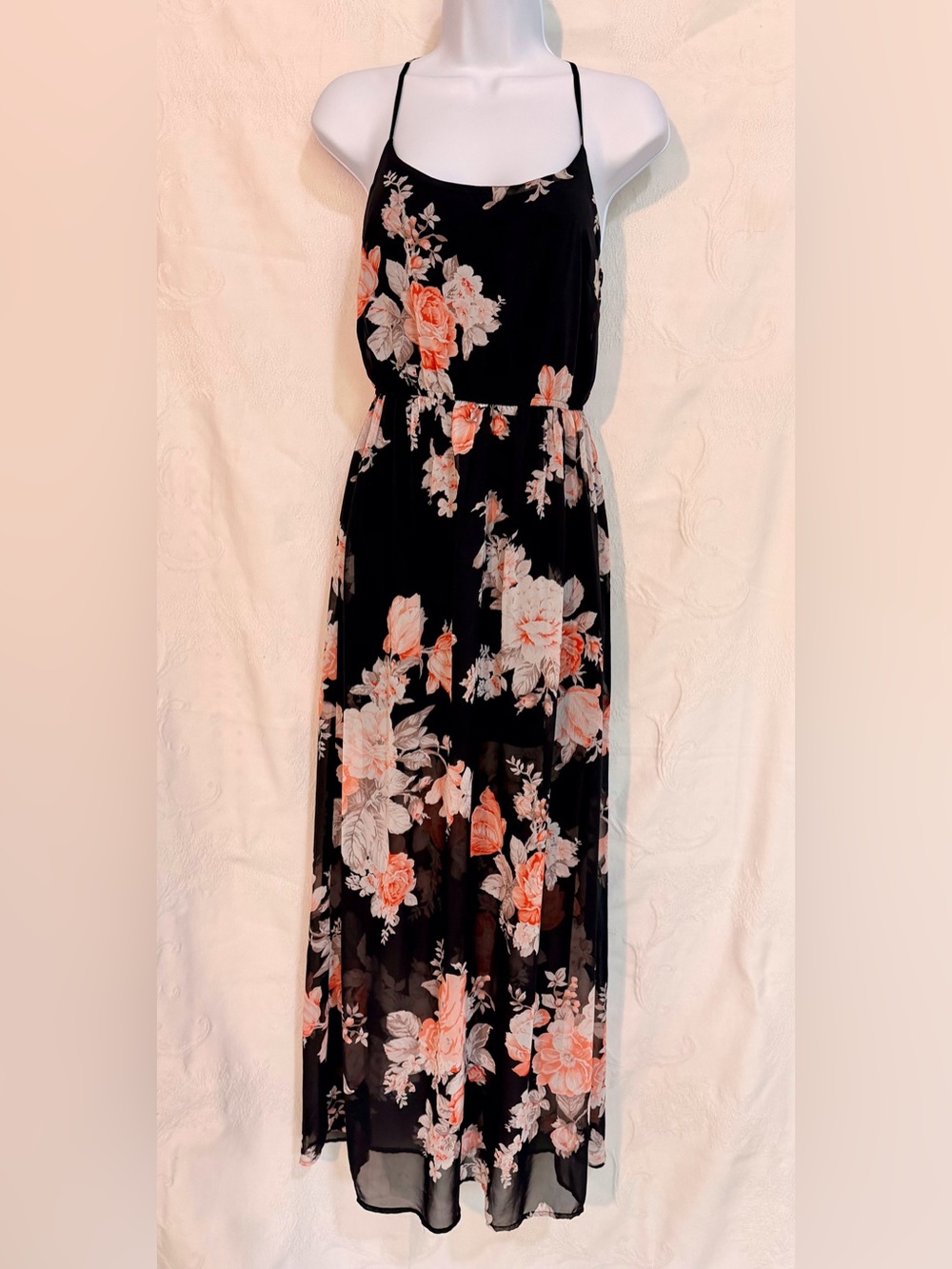 Forever 21 Black Maxi Dress with Peach & Ivory Floral Print D0036